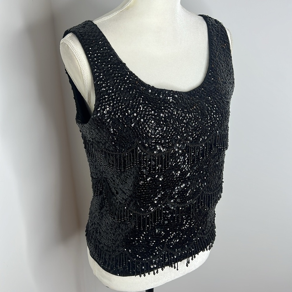 Vintage 1950s Black Sequin Beaded Wool Cocktail Fringe Mad Men Era Evening Wear